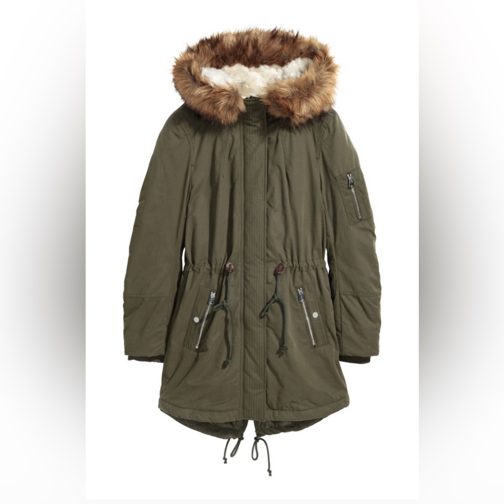 H&M padded green parka with removable Fur lining - size US 4